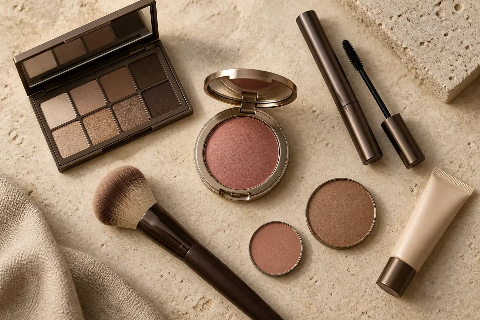 Cosméticos de maquiagem sem marca organizados sobre pedra clara
